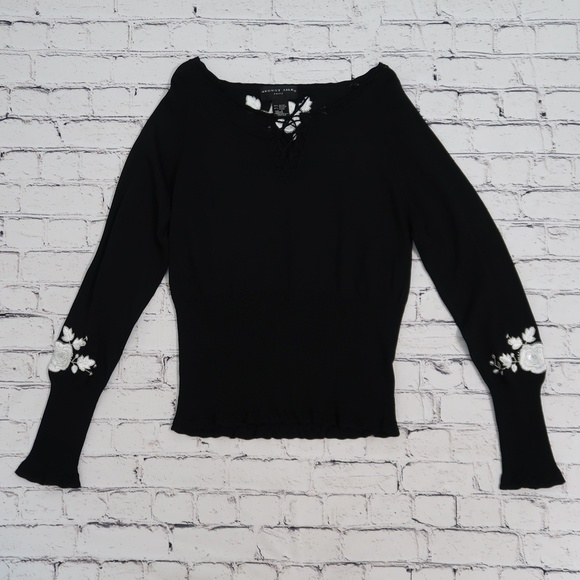 Agust Silk‎ Knits Long Sleeve top Embrodeiry Flower Pattern Size Large Stretch - Picture 1 of 13